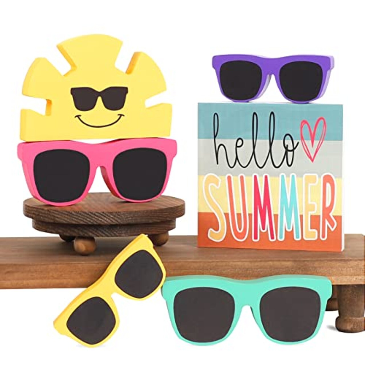 Summer Decor - 6 PCS Rustic Summer Tiered Tray Decor - Hello Summer Sunglasses Sunshine Wood Decorations - Luau Party Decorations